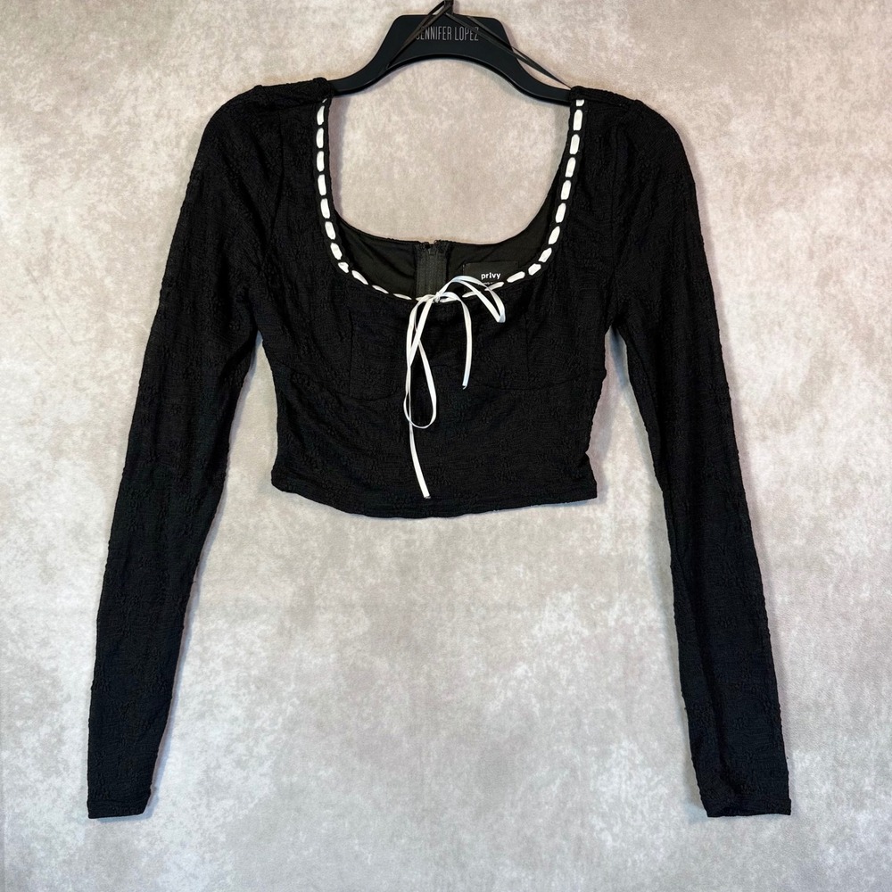 Privy Crop Top Women Small Black Textured LS Ribbon Lace Coquette Ballet Gothic